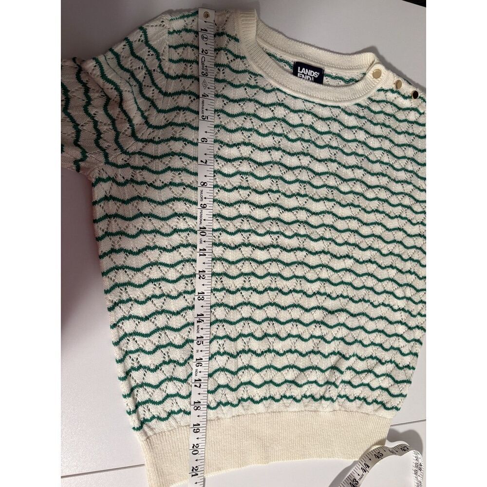 Lands’ End Cream & Green Striped Knit Sweater | Button Shoulder Crewneck - Picture 5 of 5